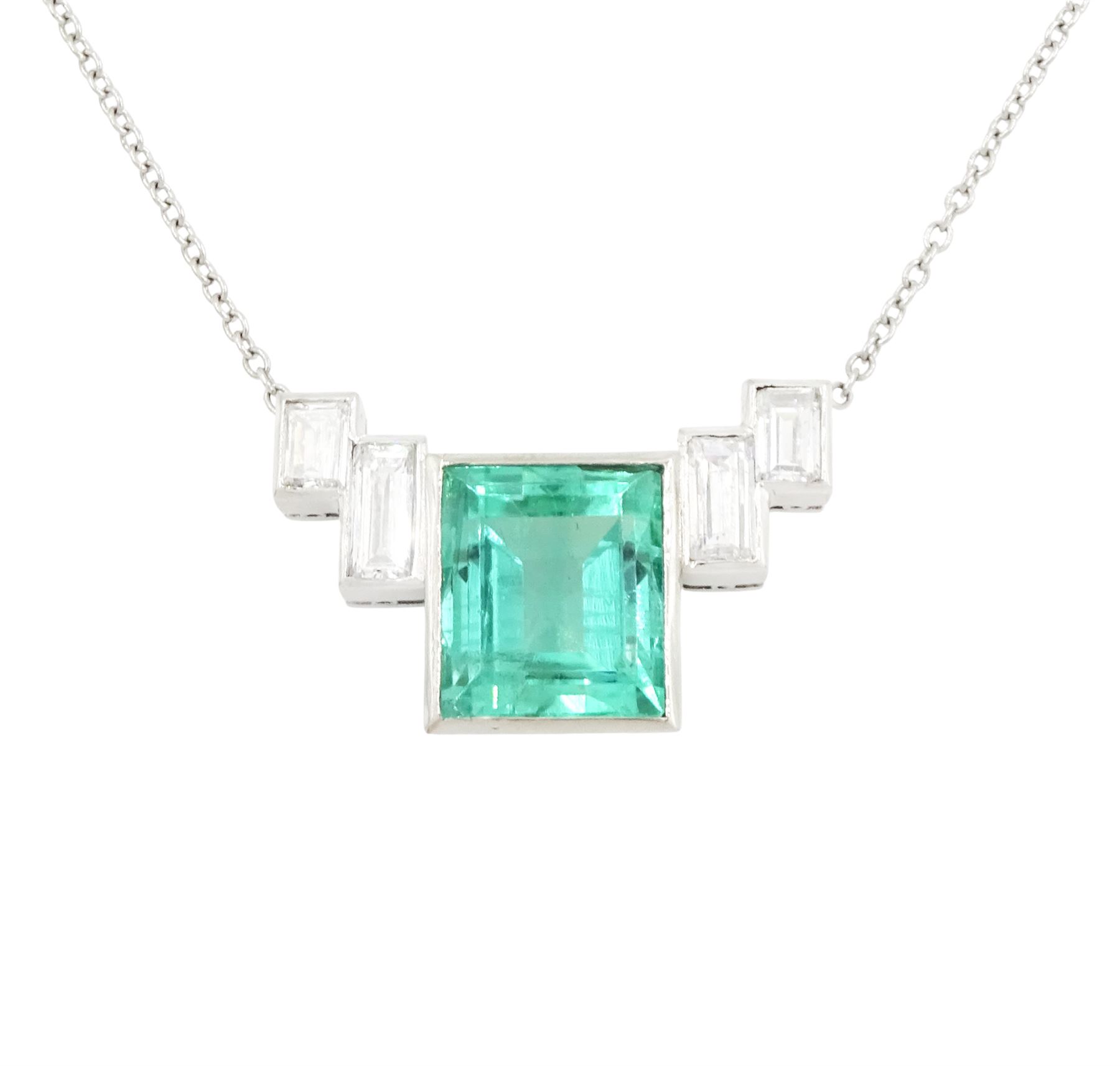 Platinum Siberian emerald and diamond necklace, single rectangular cut emerald of approx 5.70 carat, with two rectangular cut diamonds set either side, to a trace link chain necklace, hallmarked, total diamond weight approx 0.70 carat, the GCS certificate