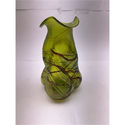 Three Austrian Art Nouveau green iridescent glass vases, to include two Pallme-Konig examples and a Kralik example, each with threaded vein decoration, tallest H25cm (3)