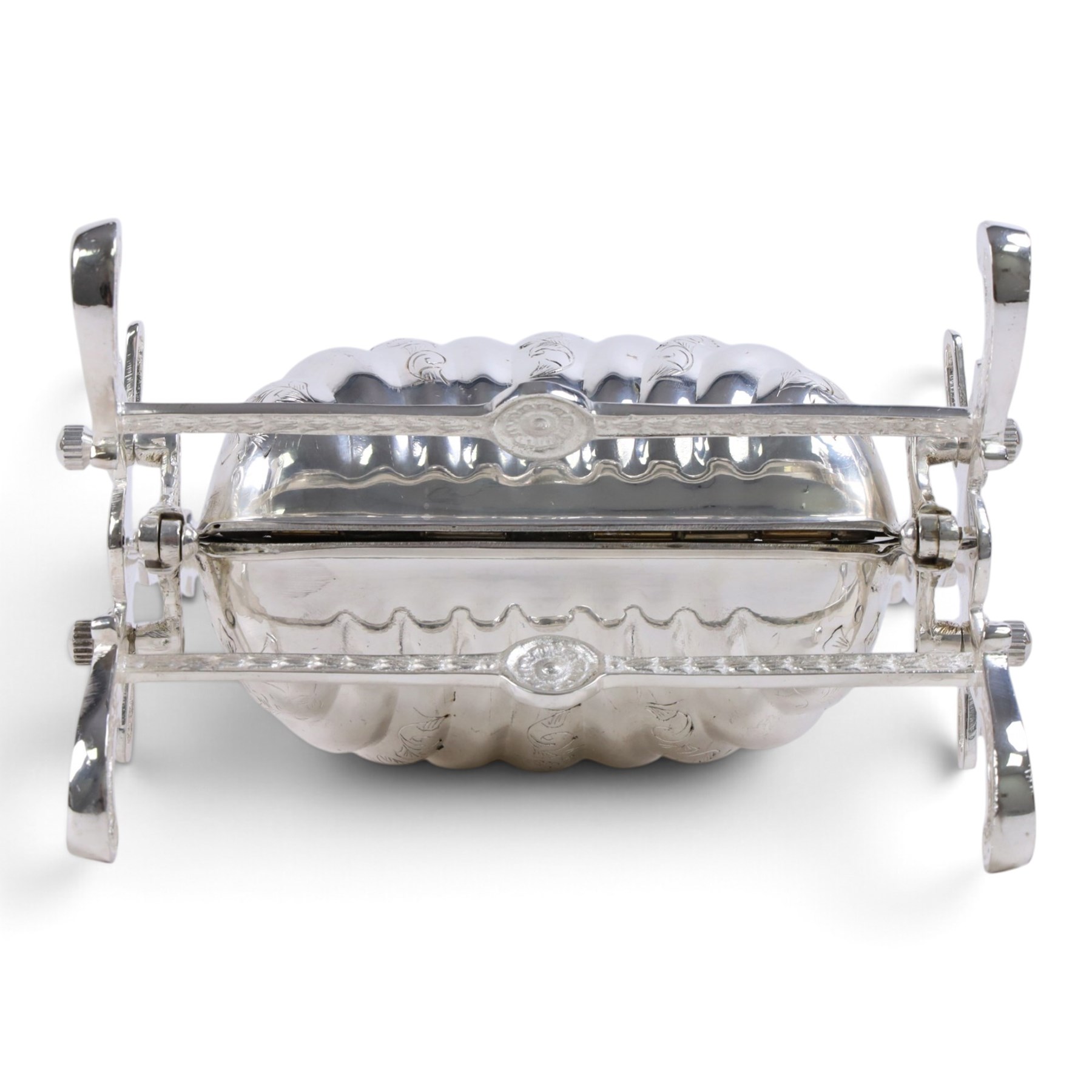 Silver-plated Victorian style biscuit box, in a shell form with engraved leaf detailing, upon scroll feet, H24cm