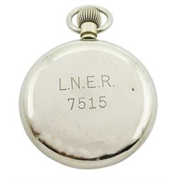 Railroad chrome open face keyless Swiss lever pocket watch, white enamel dial with Roman numerals and subsidiary seconds dial signed Limit No 2, the screw back case engraved L.N.E.R. 7515