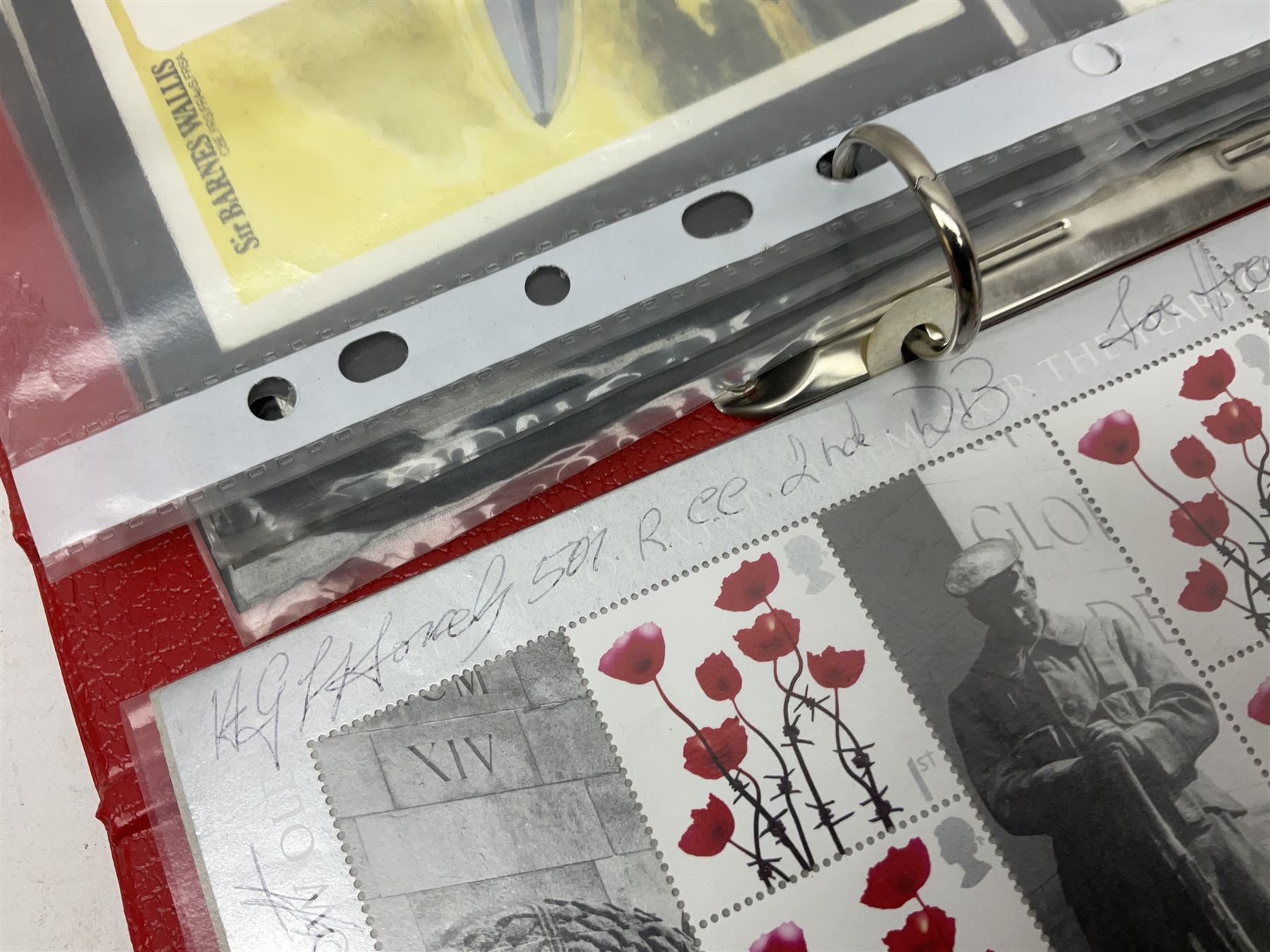 Mint block of twenty Royal Mail Remembrance Day 1st Class stamps with various signatures around the margin; and thirteen First Day Covers of military/maritime interest