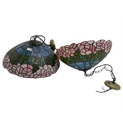 Pair large Tiffany stained glass ceiling light fittings with pink rose decoration