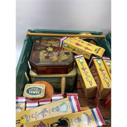 Vintage and later tins, including shortbread tins and chocolate tins together with telephone, bass jar with cover and other collectables, two boxes. 