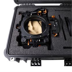 Bright Tangerine Strummer DNA Matte Box with three filter plates, 19mm studio rod holder and 15mm swing away arm, set of five masks, three donuts 138mm, 110mm, 87mm and three top and side flags, contained within a Peli 1550 case