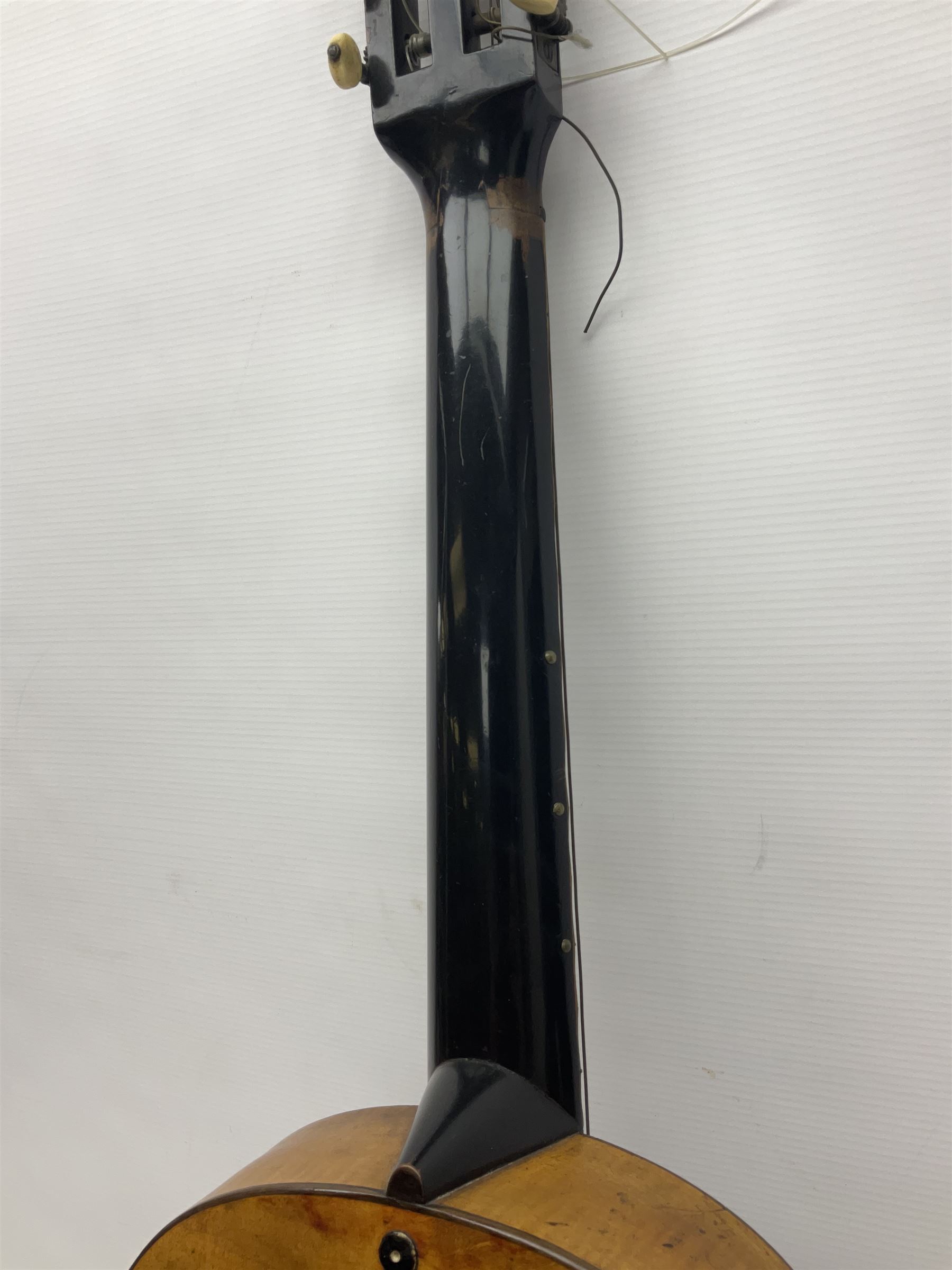 19th century Continental parlour guitar for restoration or display, with maple back and sides,  spruce top, scalloped neck and bone pegs; bears inset plaque to head 'Lapaix Paris 1830' and 'John Eastwood Teacher of the Guitar' paper label with manuscript note 'Fine Old Guitar Restored 1888 by JCB Leeds' L92cm