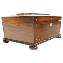 Victorian rosewood sewing box inlaid with mother of pearl, the interior with lift out tray, gadrooned border and compressed bun feet 30cm x 20cm 
