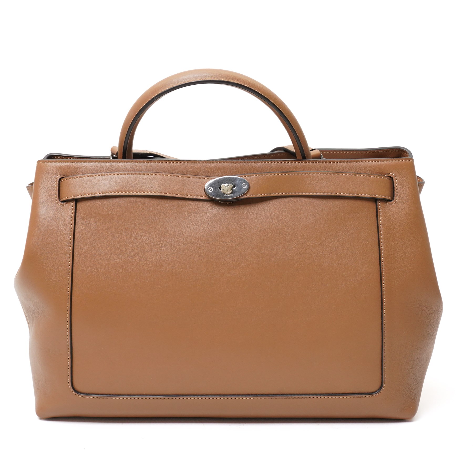 Mulberry - Islington handbag in Teak Silky Calf leather with black piping, the structured body with single rolled top handle, gold-tone Postman’s Lock fastening and front strap detail, with detachable and adjustable shoulder strap, opening to a spacious two-division interior with Mulberry monogram fabric lining, with original Mulberry product tag, care booklet and dust bag
