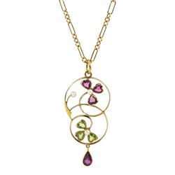Edwardian gold peridot, garnet and pearl three leaf clover pendant, stamped 15ct, on later 9ct gold Figaro link necklace chain, London import mark 1989