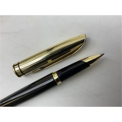 Wooden writing box together with two brass seals, Cabouchon ballpoint pen in box and a twenty eight years calendar 