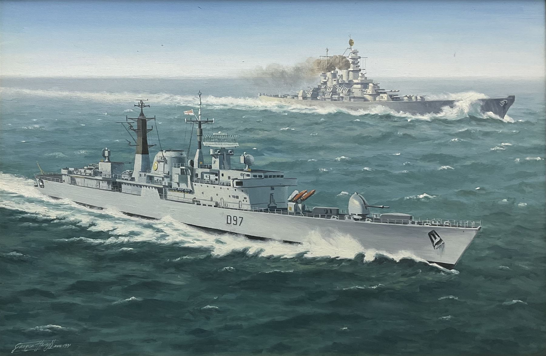George Heiron (British 1929-2001): 'USS Missouri with HMS Edinburgh at Full Steam' - First Gulf War, oil on canvas signed and dated Aug. 1991, 49cm x 75cm