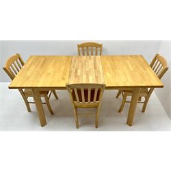 Light wood extending dining (W183cm, H76cm, D87cm) and set four chairs (W43cm)