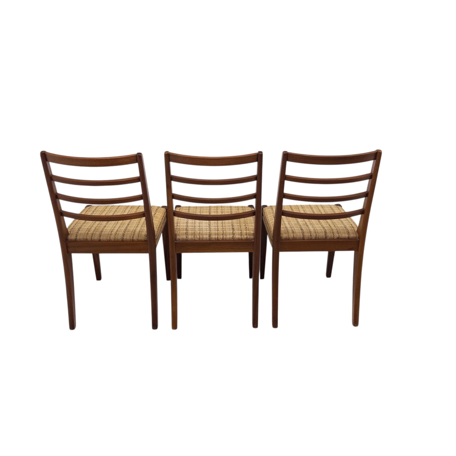 Mid-20th century teak oval extending dining table with set of six teak ladder back chairs with upholstered seats, table W150xD91xH74cm, 199cm extended, chairs W41xD43xH94cm