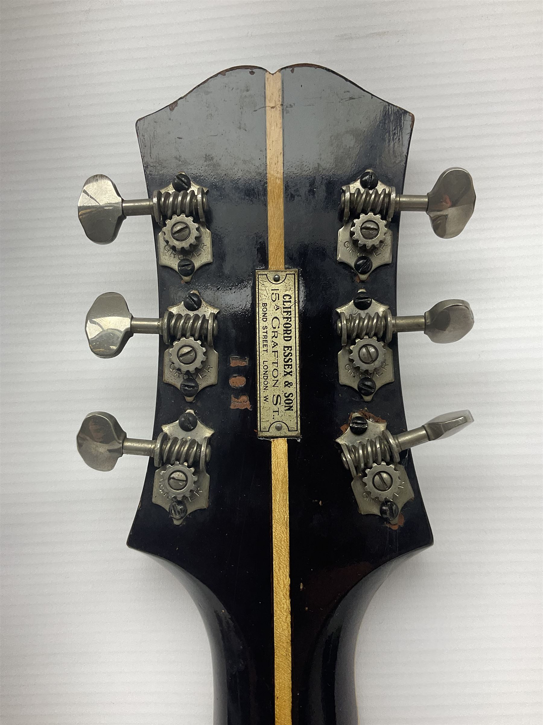 Clifford Essex Paragon De Luxe handmade acoustic guitar c1936 with tobacco sunburst finish and original machines; serial no.501 with original guarantee card L108.5cm; in original case