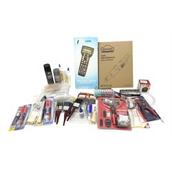 Quantity of model making tools and accessories including Dewinner Mini Grinder Set; Power Cab DCC Starter Set; syringes; assorted glue; track pins; paint brushes; wire stripper; Hot Wire Foam Cutter etc; predominantly unused in packaging