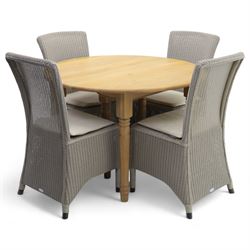 Neptune – Sheldrake limed oak extendable dining table and eight Havan loom chairs, the oval top in limed oak finish with four additional leaves extending the table to seat up to ten (Extends to cm), raised on turned legs with two additional centre supports, the matching Havan loom chairs finished in grey with cream upholstered seat covers (H 95cm, W 47cm, D 55cm)