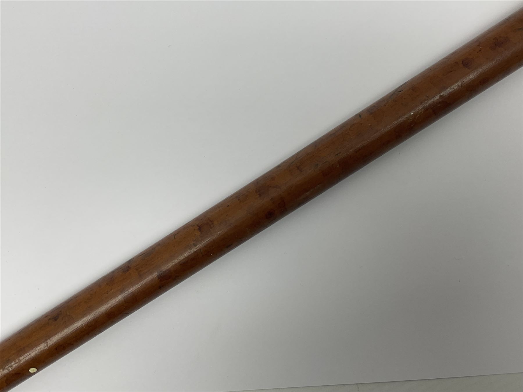 19th century malacca walking cane, the screw threaded domed cover opening to reveal vacant recess, above a further screw threaded opening revealing a removable glass vial with stopper, glass vial L41cm, cane L89.5cm