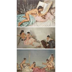 Sir William Russell Flint (Scottish 1880-1969): 'The Silver Mirror' 'Three Girls' and 'Janelle and the Volume of Treasures', three limited edition colour prints numbered in pencil with blind-stamp, the former signed in pencil max 40cm x 53cm (3)
