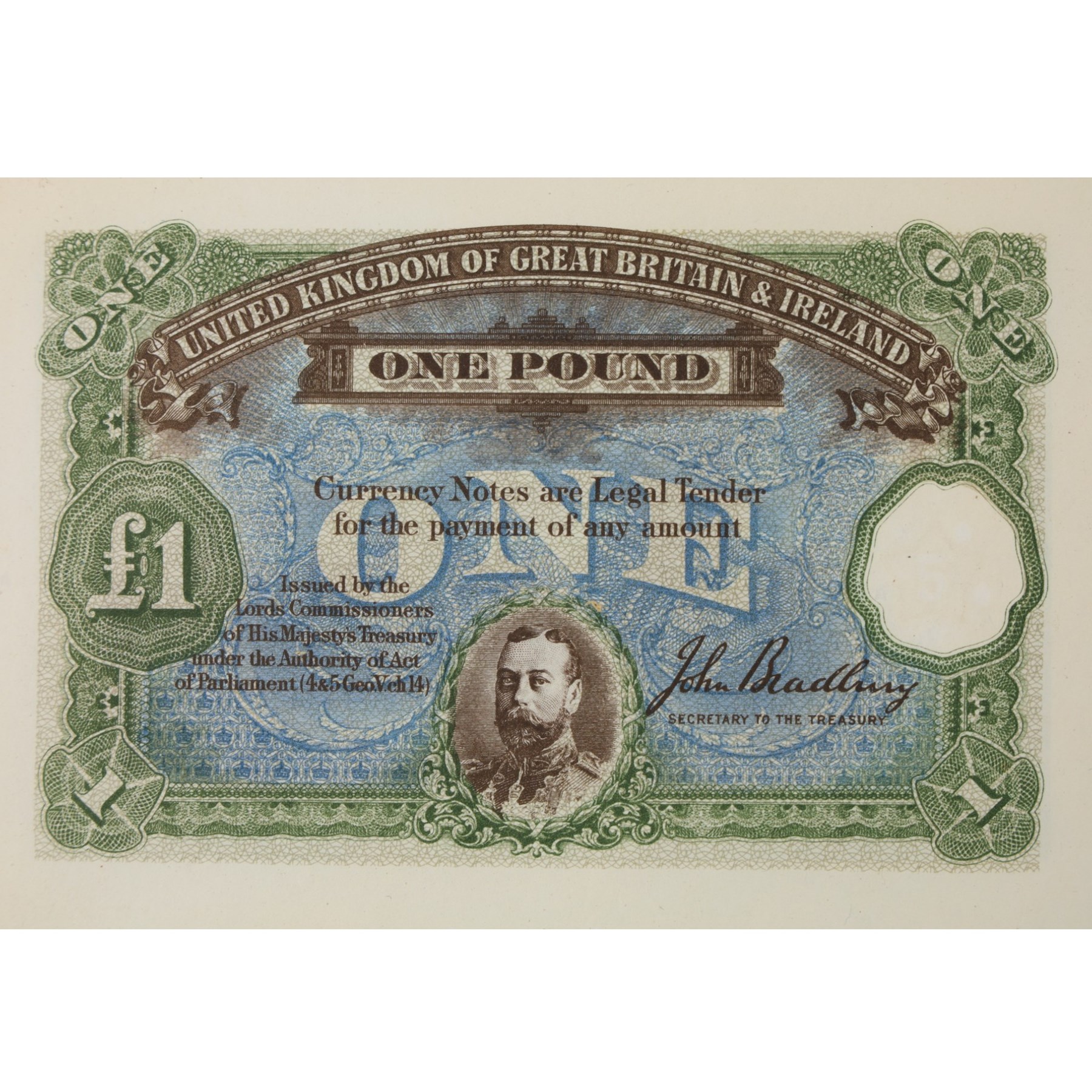 King George V Bradbury Treasury Essay one pound note, reference Duggleby TE 13d