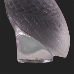 Lalique frosted glass owl, signed to base, H9cm