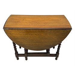 Early 20th century oak gateleg table, oval top with drop leaves supported by barley twist swing supports, united by plain stretchers, on turned feet (W119cm, D92cm, H77cm);