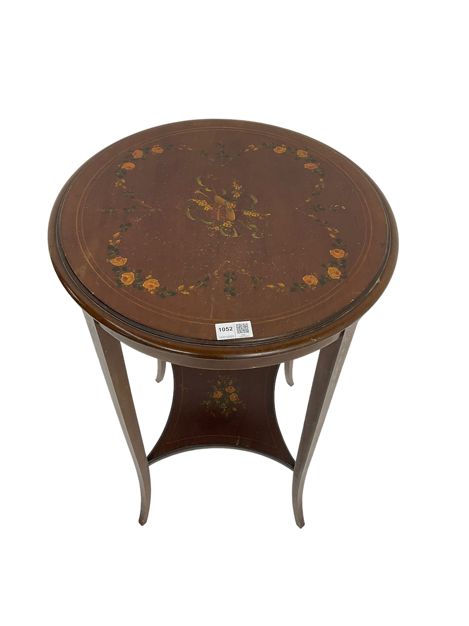 Greenwood and Sons York - early 20th century mahogany side or lamp table, decorated with floral garlands and central musical instrument motifs, with square tapering supports joined by an under-tier 