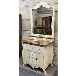 Distressed cream painted vanity unit, fitted with three drawers and two cupboards, hardwood top with copper sink, high mirror back