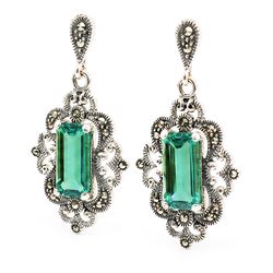 Pair of silver marcasite and green quartz pendant stud earrings