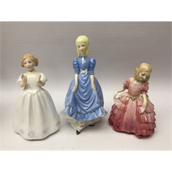 Five Royal Doulton figures, including Shore Leave HN2254, The Old Balloon Seller HN1315, Rose HN1348 etc, together with Royal Worcester Coquette
