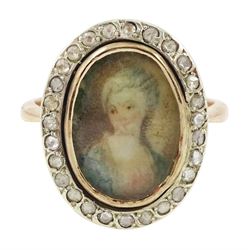 19th century 9ct gold diamond portrait ring, set with an oval miniature of a woman in 18th...