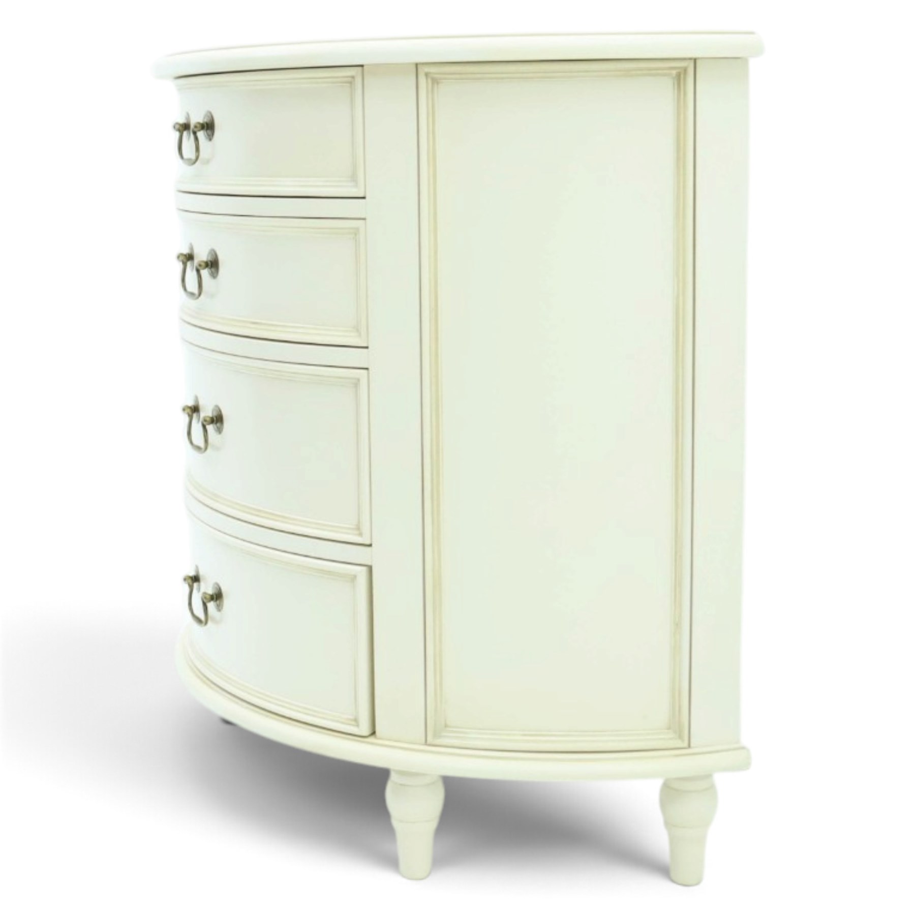 Laura Ashley - 'Clifton' demi-lune chest, fitted with four graduating bow-front drawers with brass swan neck handles, raised on turned supports, in ivory finish