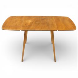 Ercol - model ‘383’ elm and beech drop-leaf table, rounded rectangular top extending to 13...