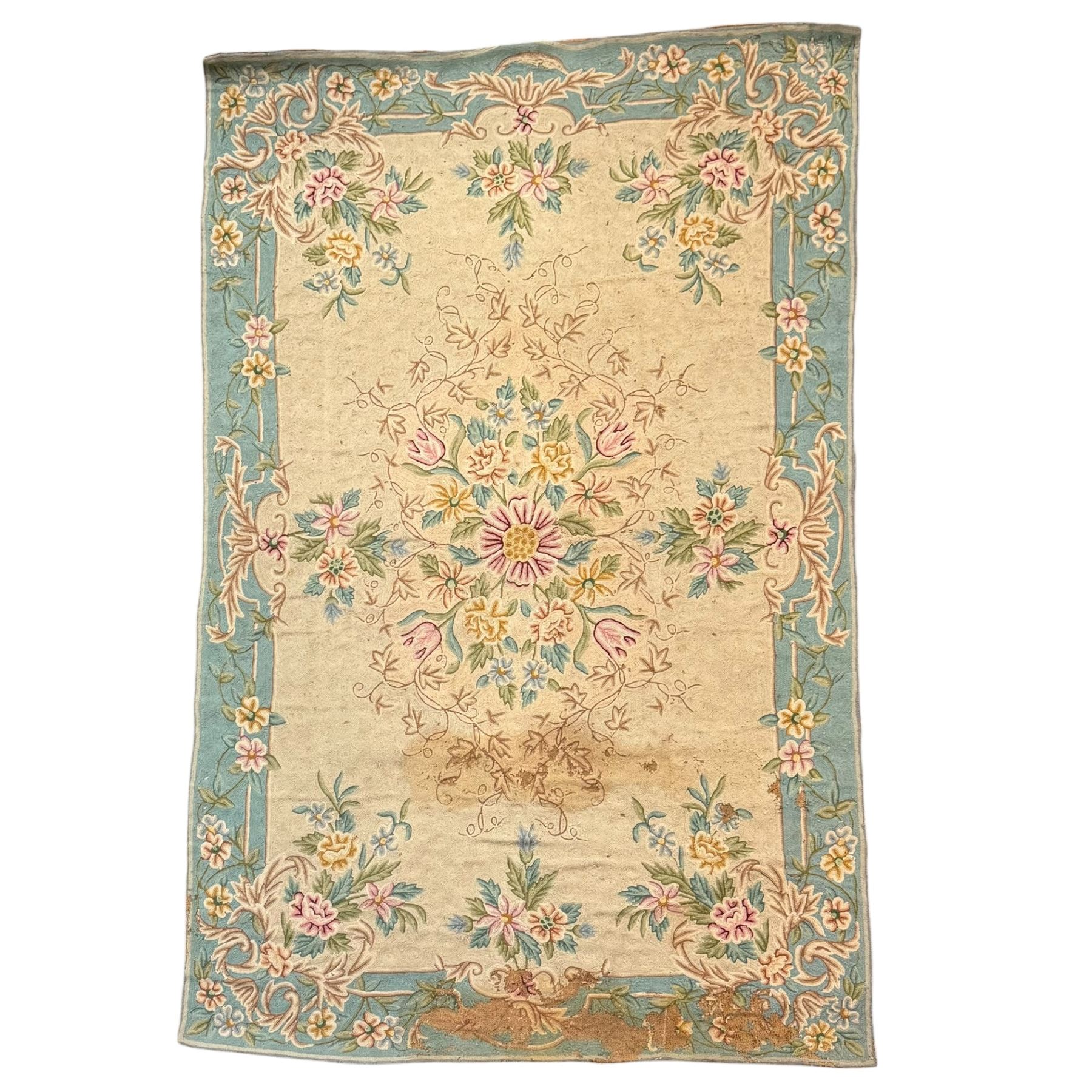 Two early 20th century Kashmiri cyan ground crewelworks 