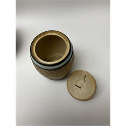 A group of Doulton Lambeth and Royal Doulton tobacco jars, to include examples with relief moulded foliate decoration, each with impressed marks and markers monograms beneath. 