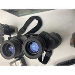 Yukon rubber armoured compact variable power spotting scope (boxed), together with Bresser 10x50 binoculars, Bushnell Excursion 10x42 binoculars, camera equipment etc  