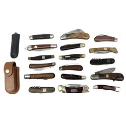 Nineteen pocket knives including Saynor, Whitby Silver Sabre, Taylor's Eye Witness, various examples with wooden handles, pruning knife etc