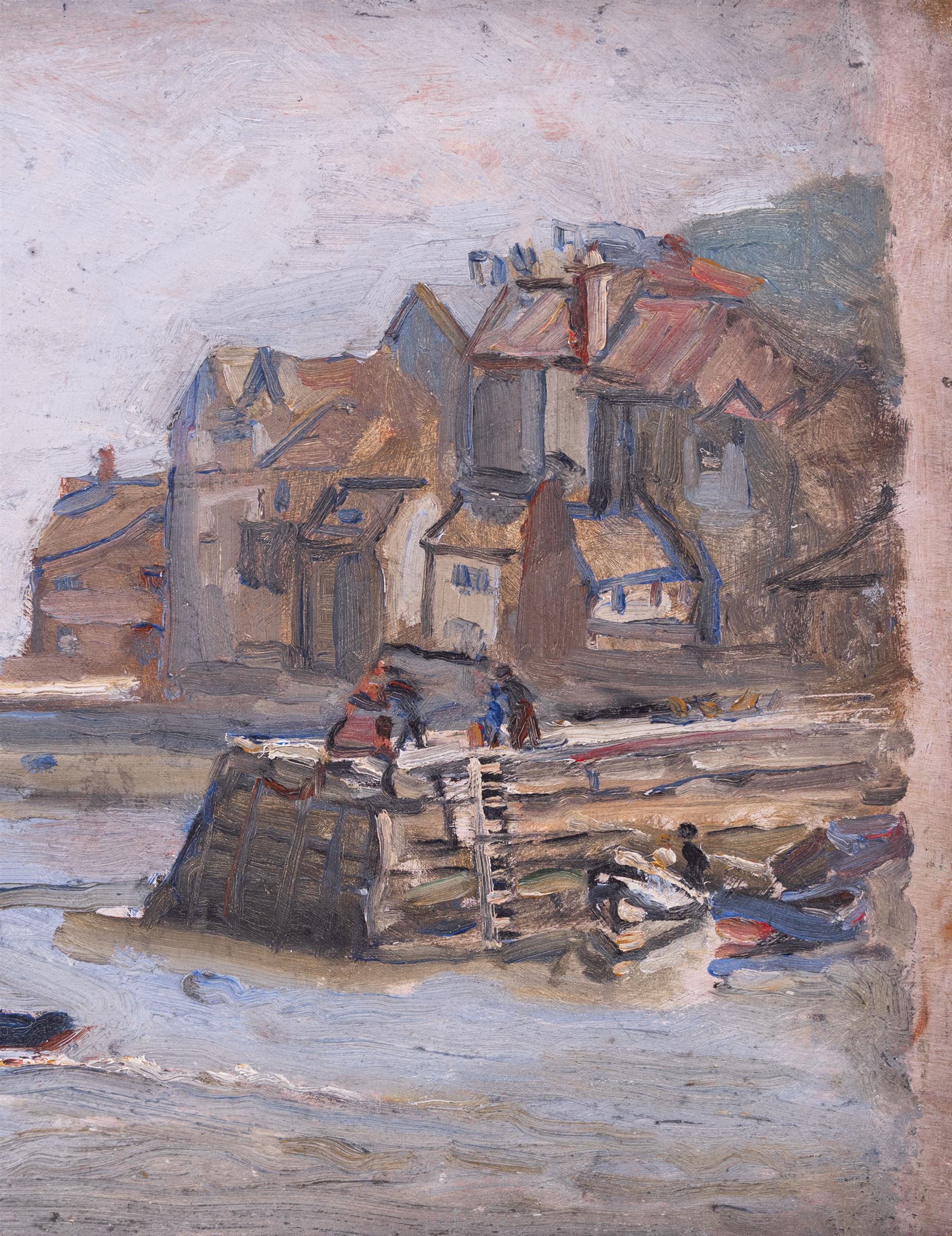 Florence Adelina Hess (Staithes Group 1891-1974): Unloading Boats on Tate Hill Pier Whitby, oil on panel unsigned 23cm x 18cm 
Provenance: from the collection of Doris Bilbrough (née Sykes), cook to the Hess household in the 1930s, thence by descent through the family.