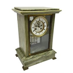 Henry Marc - Early 20th century 8-day French art deco mantle clock c1910, in a green mottled marble case with a stepped flat top and deep moulded plinth, brass framed bevelled front and rear glass doors, two part enamel dial with a visible Brocot deadbeat escapement and pendulum regulation, steel moon hands and Roman numerals, Parisian twin train rack striking movement with a visible twin file mercury pendulum, striking the hours and half-hours on a bell.