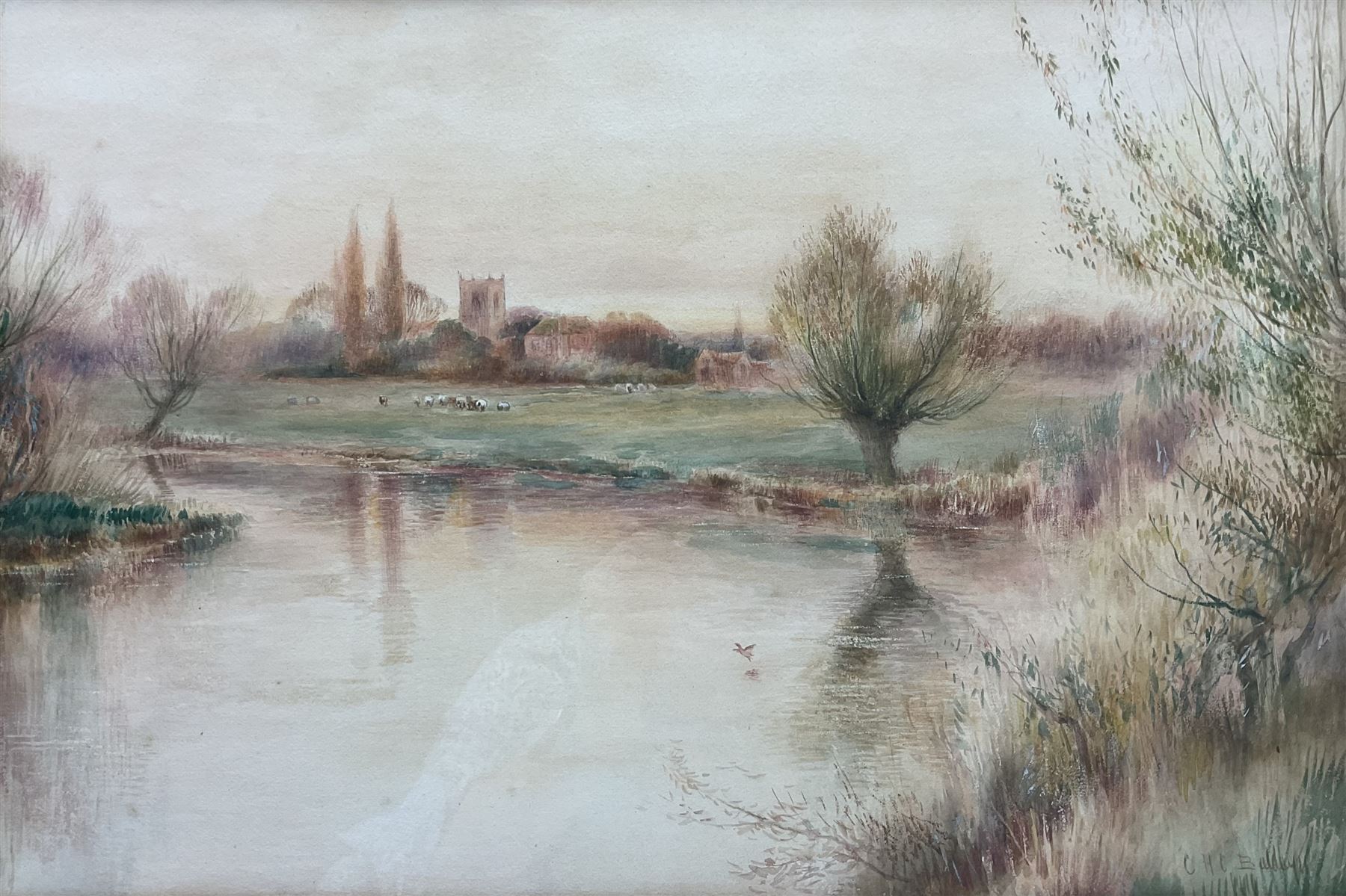 Charles Henry Clifford Baldwyn (British 1859-1943): River Landscape with Church, watercolour signed 30cm x 45cm 
Notes: Baldwyn was a Worcester artist, starting work at the Royal Worcester porcelain factory at the age of 15. He was most famous for his beautiful paintings of swans in flight.