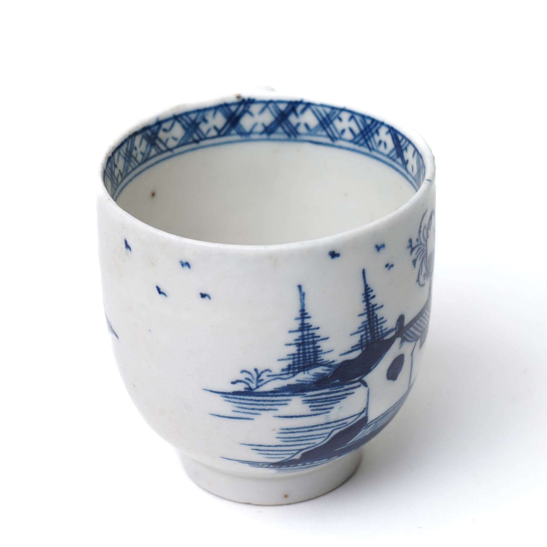 18th century Lowestoft porcelain coffee cup and saucer painted in the 'Two Pagoda Island' pattern, c1765-75, coffee cup H5.5cm