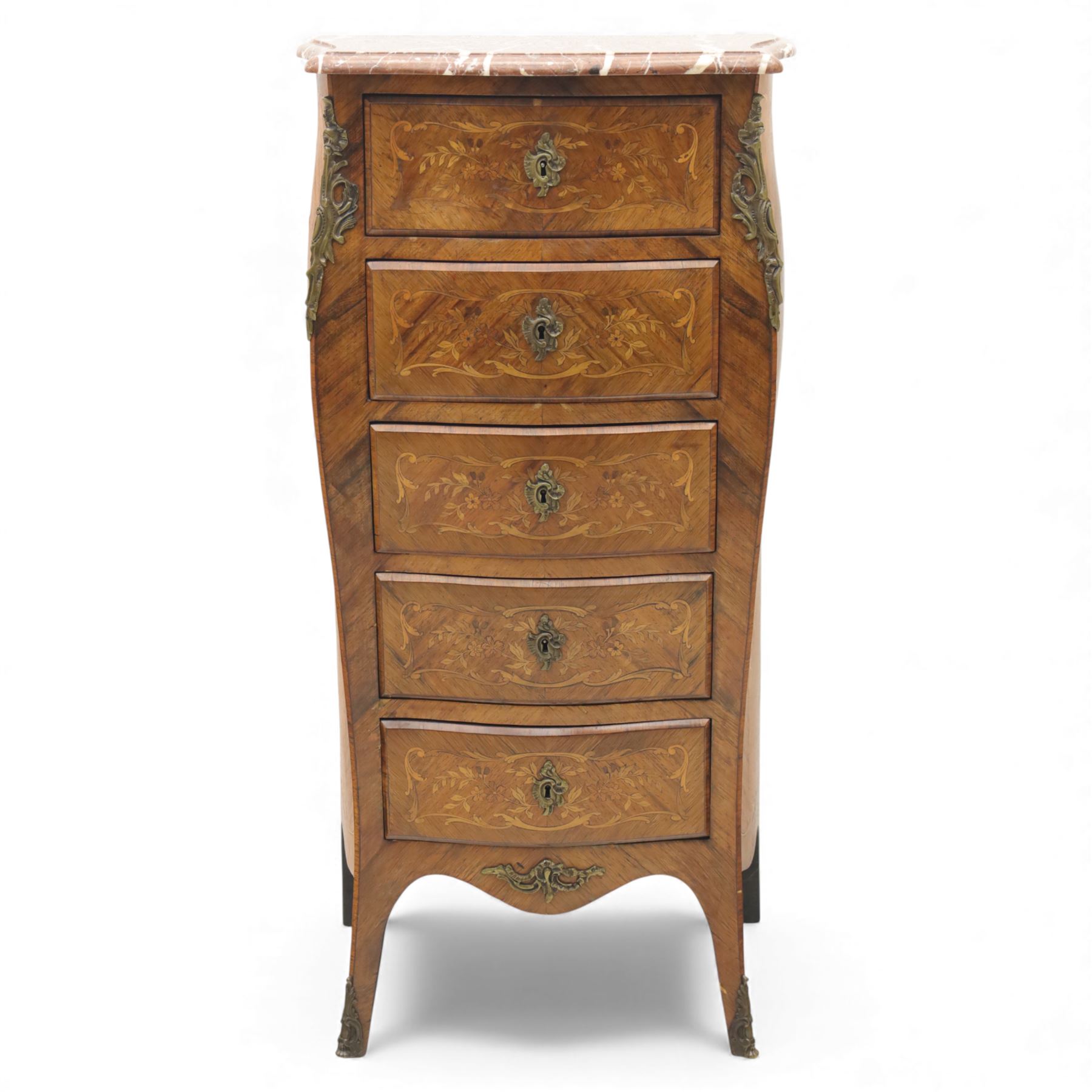 20th century Louis XV style kingwood chest, serpentine rectangular rouge marble top above five graduated drawers with ornate gilt metal handles and escutcheons, the sides inlaid with floral marquetry panels, raised on shaped cabriole supports