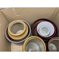 Quantity of two tone stoneware jars, salt glazed jar, stoneware flagon detailed William Page Banbury etc in three boxes