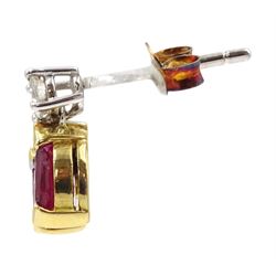 Pair of 18ct white and yellow gold round brilliant cut diamond and marquise cut ruby pendant stud earrings, London 1989, total diamond weight approx 0.20 carat