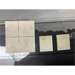 Queen Victoria and later Great British stamps, including five shillings, three pence block of four, block of twenty King George VI used ten shillings dark blue etc