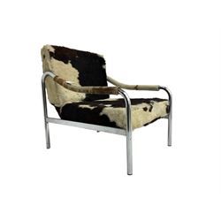 Tim Bates for Pieff - 1970s 'Beta' armchair, chrome frame with leather seat pad, the loose cushions and arms upholstered in tricolour cow hide