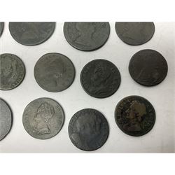 Twenty three late 18th to 19th Century ‘copper’ coinage to include two George II 1754 farthings, George II 1753 halfpenny, two George III 1773 and 1775 halfpennies etc 