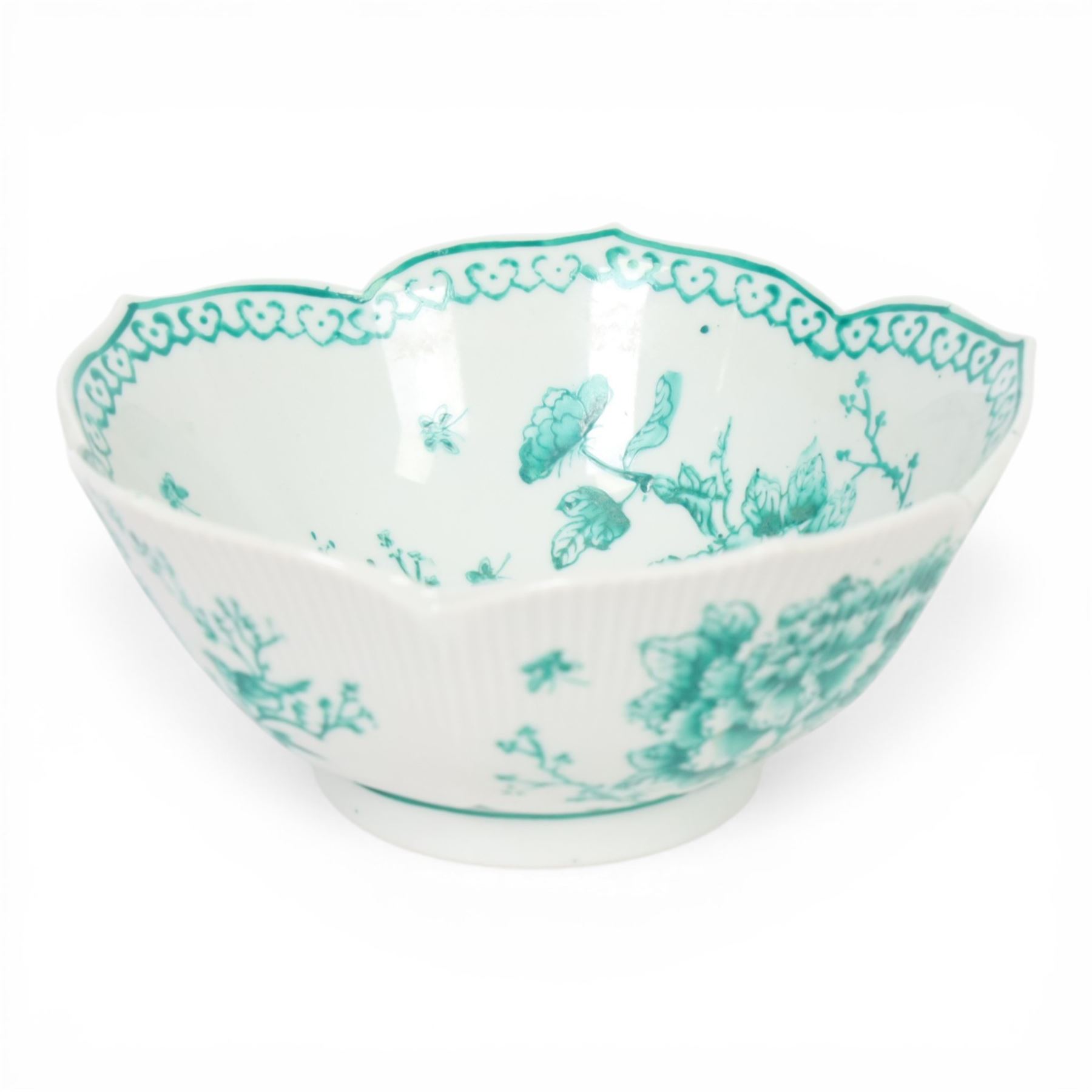 20th century Chinese bowl, of circular form with lobed lotus style rim, decorated in bright green enamel with peony blossoms, butterflies and birds, to the exterior and interior, with iron red seal mark to base, H9cm D20cm
