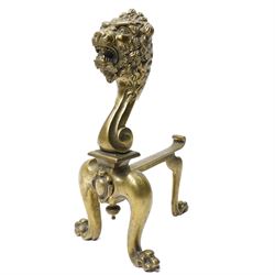 Pair of late 19th/early 20th century cast bronze fire dogs with lion masks and paw feet H37cm