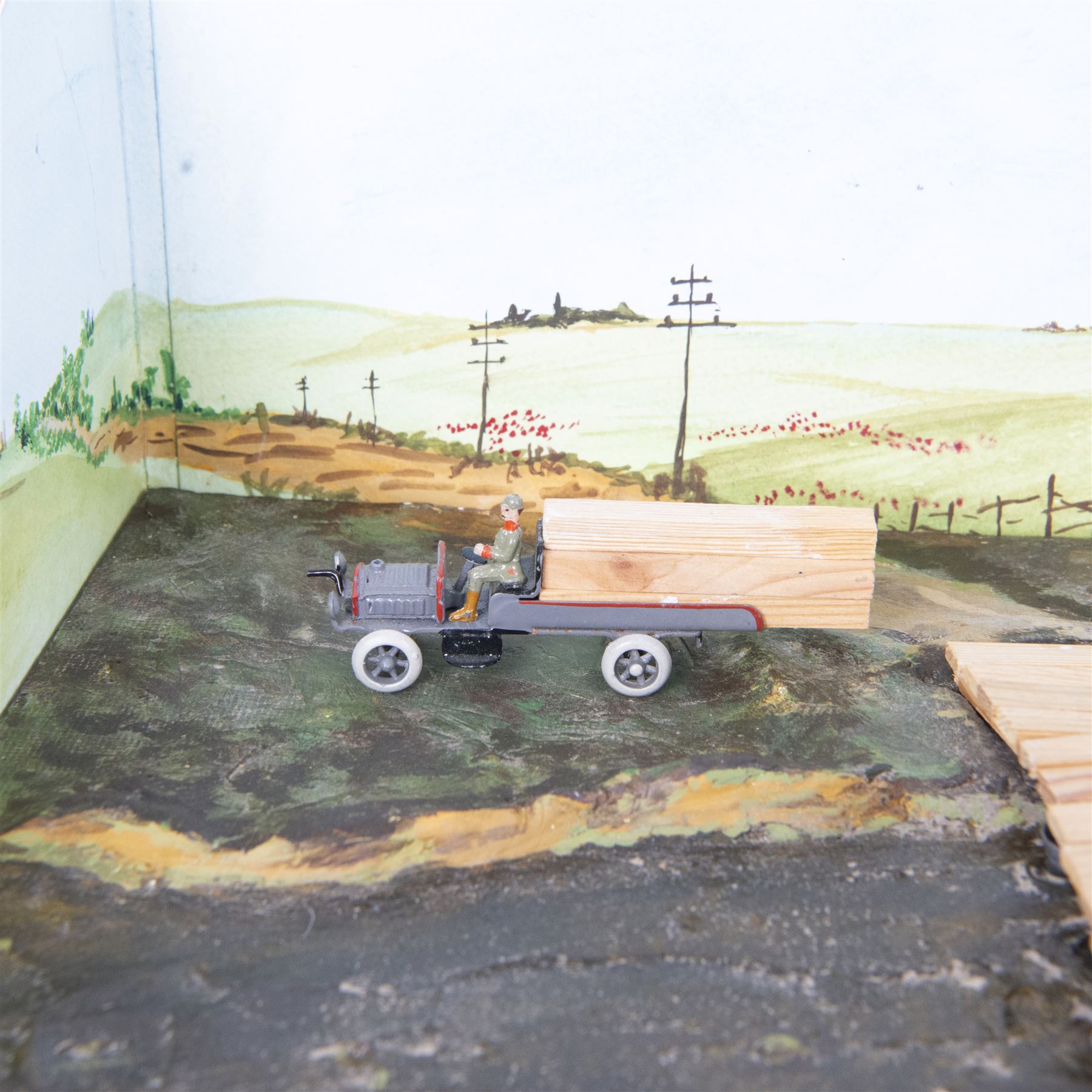 Ernst Plank; Pontoon diorama, with three wagons, pontoon boats, wooden planks and joints with all passengers and drivers, circa 1912, diorama is displayed in book Ernest Plank Miniatures; Vehicles, Transport Toys & Accessories by Jeff Carpenter pages 29 and 30  