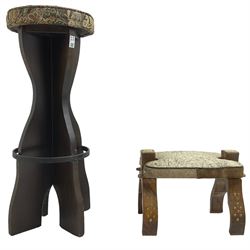 Small 20th century beech camel saddle, hide upholstered seat and decorative stud work (W41cm); and a 20th century beech bar stool with upholstered seat (H80cm)
