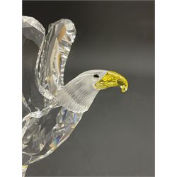 Swarovski Crystal animals, comprising white peacock, the tail with cascading blue flowers, perched eagle with yellow beak, ibex with frosted crystal horns and unicorn with frosted crystal horn, tallest H13cm